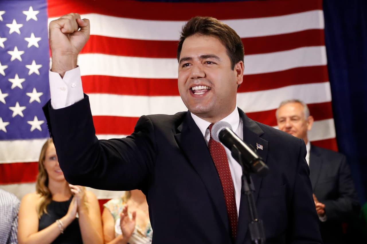 Danny O'Connor, the Franklin County recorder, speaks during an election night watch party at the Ohio Civil Service Employees Association, Tuesday, Aug. 7, 2018, in Westerville, Ohio. O'Connor ran against Republican Troy Balderson in a special election race for Ohio's 12th District after the retirement of Pat Tiberi who served as the U.S. Representative from 2001-2018 in the reliably Republican district.(AP Photo/John Minchillo)