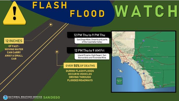 El Servicio Meteorológico de San Diego alertó a la población sobre el riesgo de inundaciones para este fin de semana y de condiciones peligrosas en las carreteras.