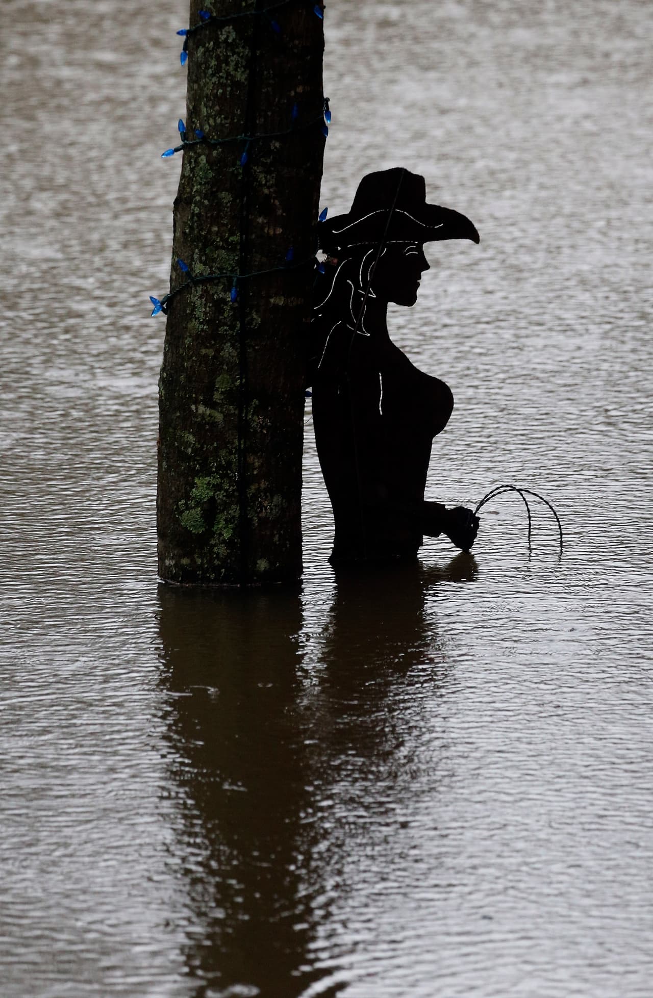 Una estructura de metal de una vaquera se refleja en las aguas inundadas en Cooper Creek.