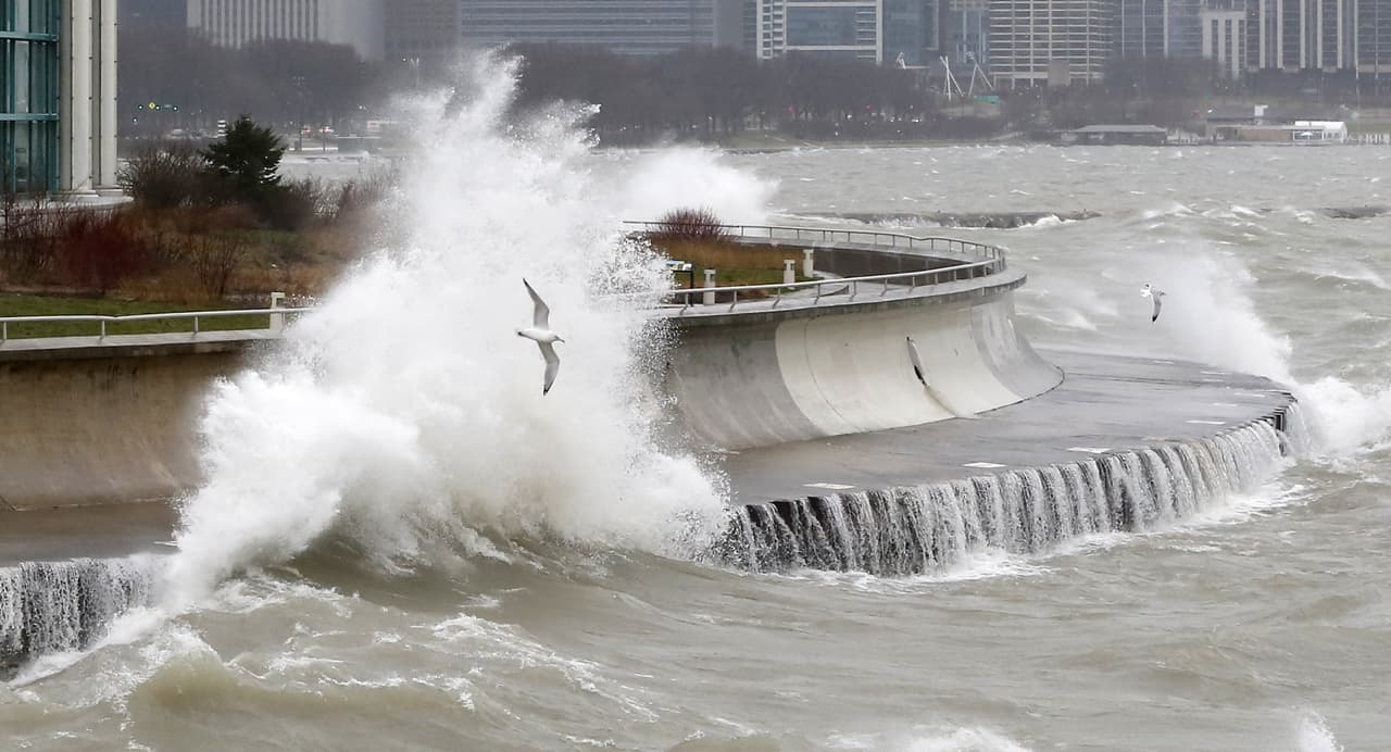 Una gaviota vuela lejos mientras la fuerza del viento rompe las olas en Shedd Aquarium, Illinois.