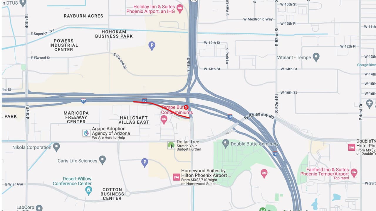 <b>Rampa de salida I-10 en este</b>
<br>La rampa de salida de la I-10 en dirección este en 48th Street/SR 143 estará cerrada hasta fines del otoño, a partir de las 8 p.m. del viernes 9 de agosto.
<br>
<br>
<b>Rutas alternas</b>
<br>Considere rutas alternativas como la salida de la I-10 en dirección este en Broadway Road.
<br>
<br>Para conocer las condiciones de las carreteras en tiempo real puede visitar la página del 
<a href="https://www.az511.gov/" target="_blank">Departamento de Transporte de Arizona</a>, o llamar al 511.