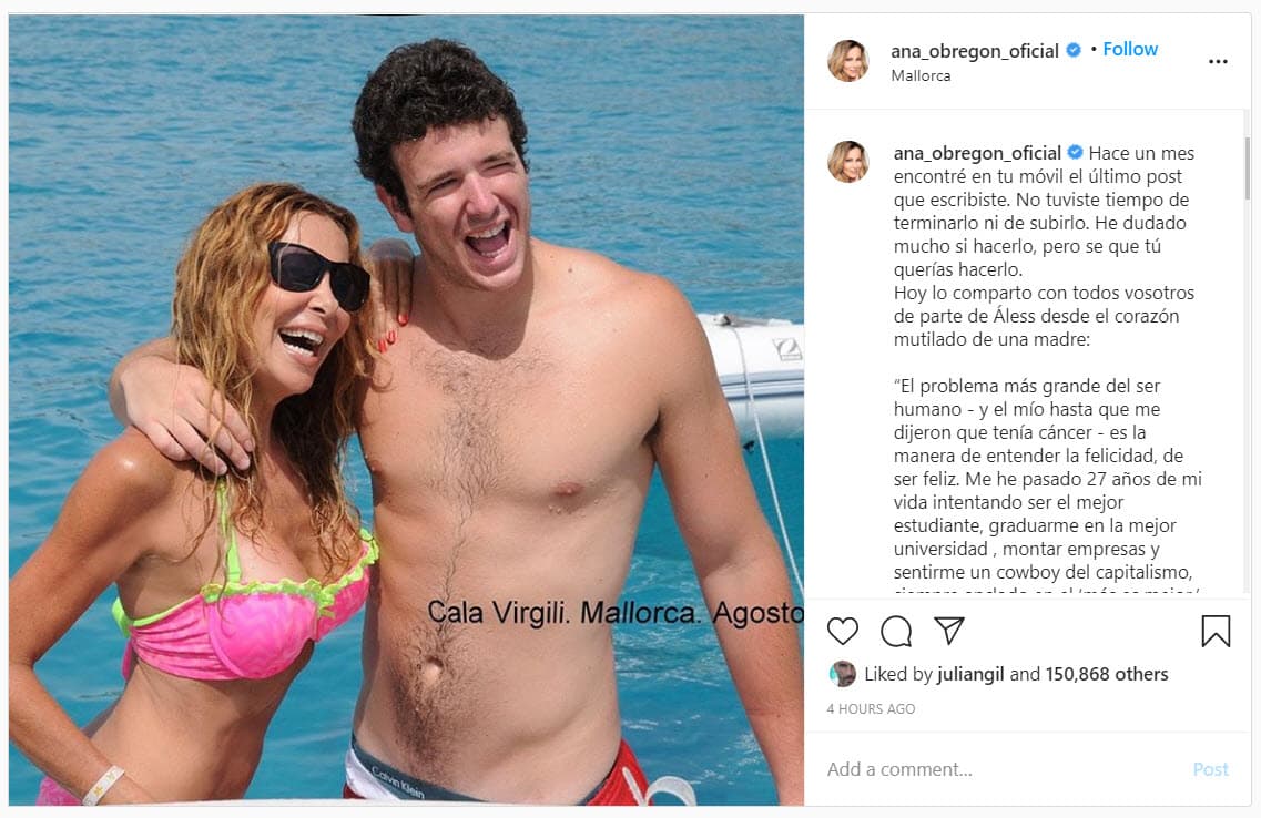 Lo acompañó con
<b><a href="https://www.instagram.com/p/CDWSmqqKBHN/" target="_blank"> esta foto </a></b>en la que aparecen ambos en unas vacaciones en Mallorca. 
<br>