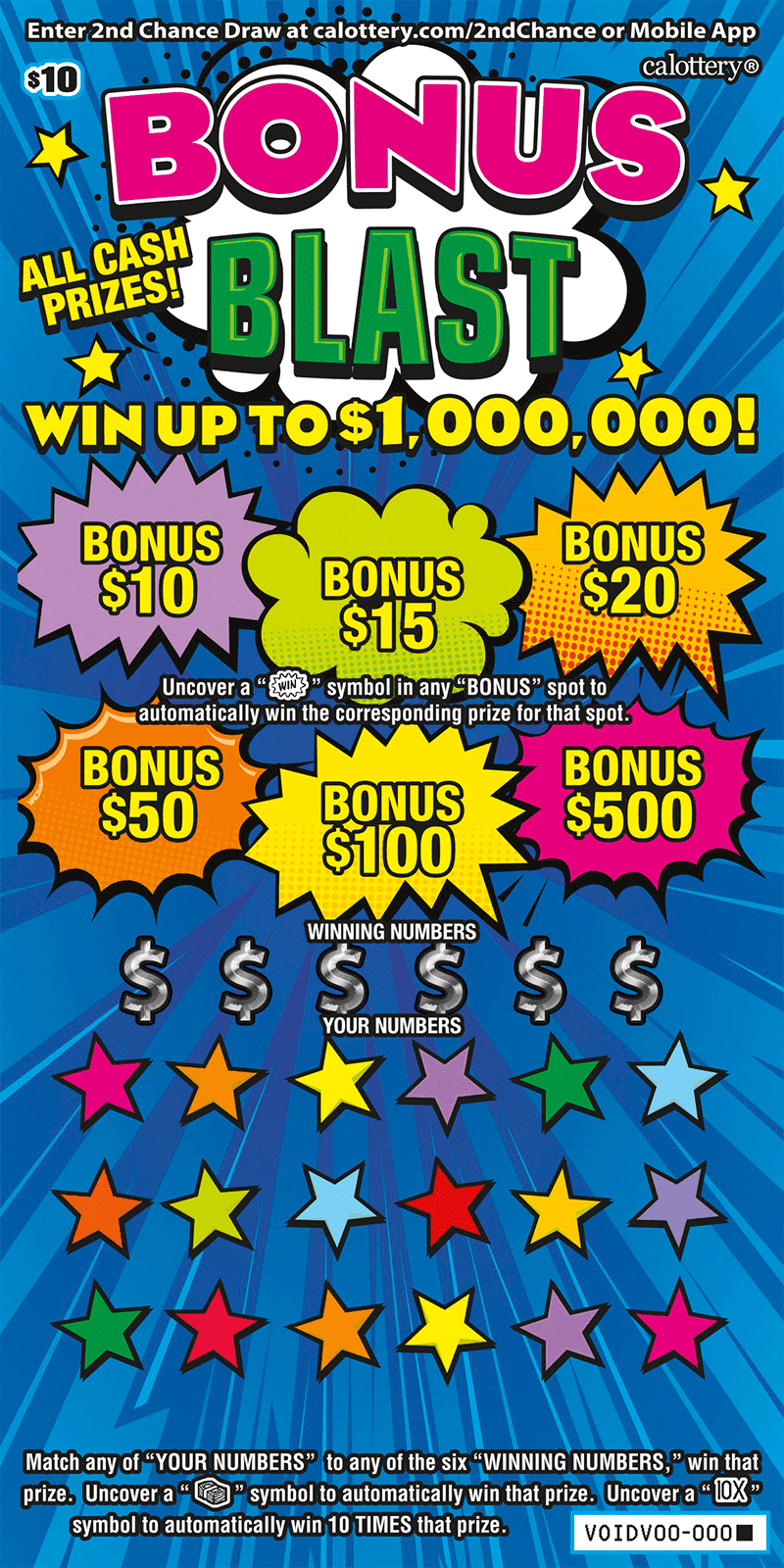 <h2 class="cms-H2-H2">Bonus Blast</h2>
<br>Es un raspadito con un premio mayor de $1,000,000.
<br>La probabilidad de ganar cualquier premio es de
<b> 1 en 3.88.</b>