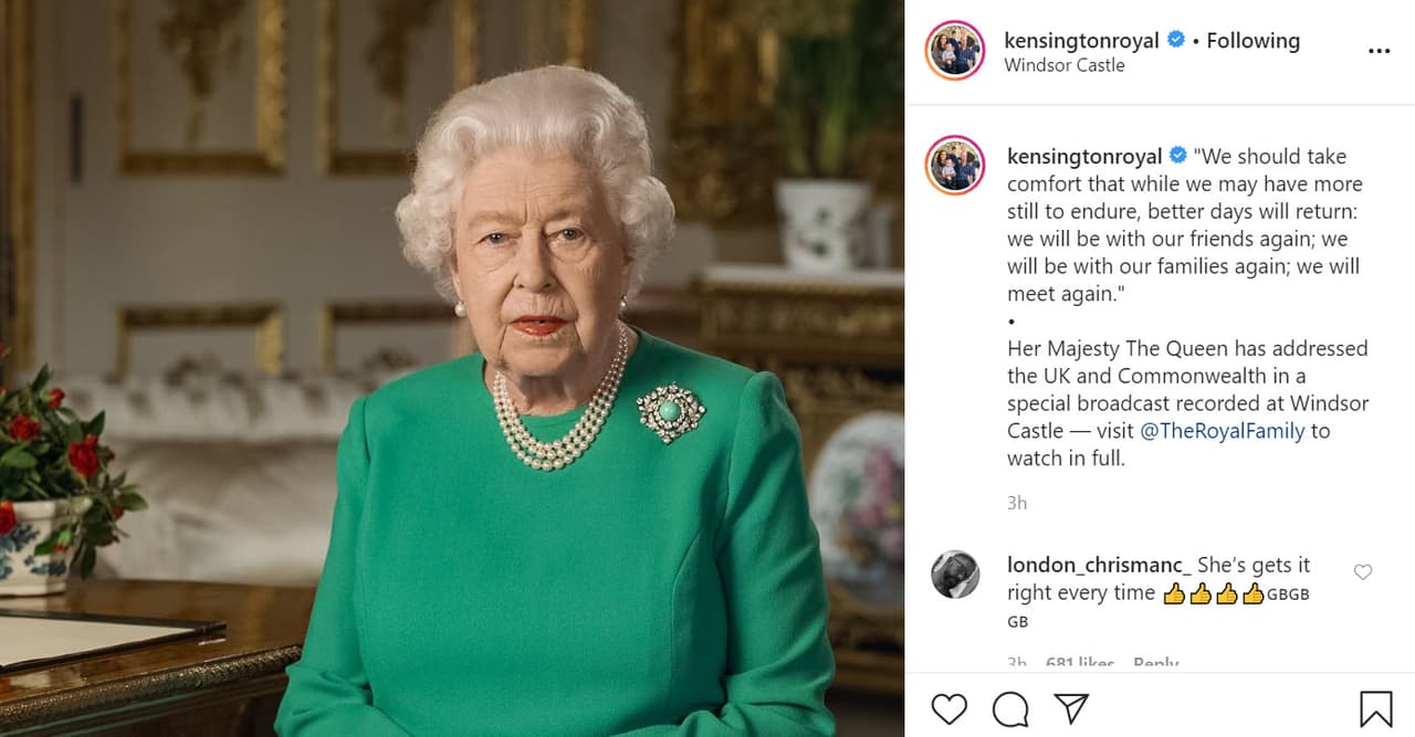 El mensaje de la reina tuvo eco en algunos otros miembros de la familia real británica. Por ejemplo, en la 
<b><a href="https://www.instagram.com/p/B-nD6obFLH_/" target="_blank">cuenta del príncipe William y su esposa Kate Middleton</a></b> se compartió parte del discurso. 
<br>