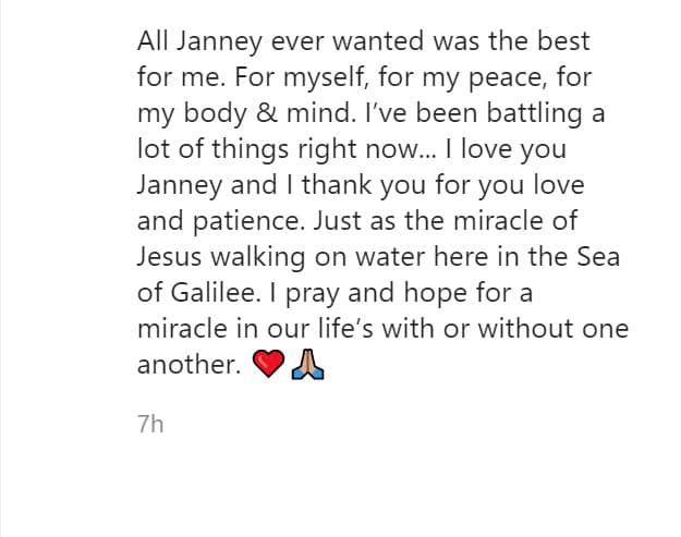 "
<b><a href="https://www.univision.com/famosos/lorenzo-mendez-tiene-una-batalla-perdida-con-chiquis-y-el-marido-de-galilea-montijo-parece-que-tambien-video" target="_blank">He estado luchando</a></b> contra muchas cosas en este momento... Te amo Janney y te agradezco tu amor y paciencia. Así como el milagro de Jesús caminando sobre el agua aquí en el Mar de Galilea. Oro y espero un milagro en nuestras vidas con o sin el otro".
<br>