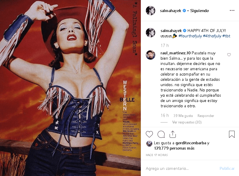 La mexicana 
<b>Salma Hayek </b>tampoco desaprovechó la oportunidad y celebró el 4 de julio con esta foto en 
<b><a href="https://www.instagram.com/p/BzgrmU_oR-D/" target="_blank">Instagram</a></b>.