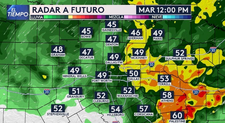 Al llegar el mediodía, anticipamos que
<b>las lluvias se extiendan por el este del Metroplex</b>, abarcando parte de la ciudad de Dallas.
<b>Se prevé una mayor intensidad en áreas como Terrell, McKinney y Palestine.</b>