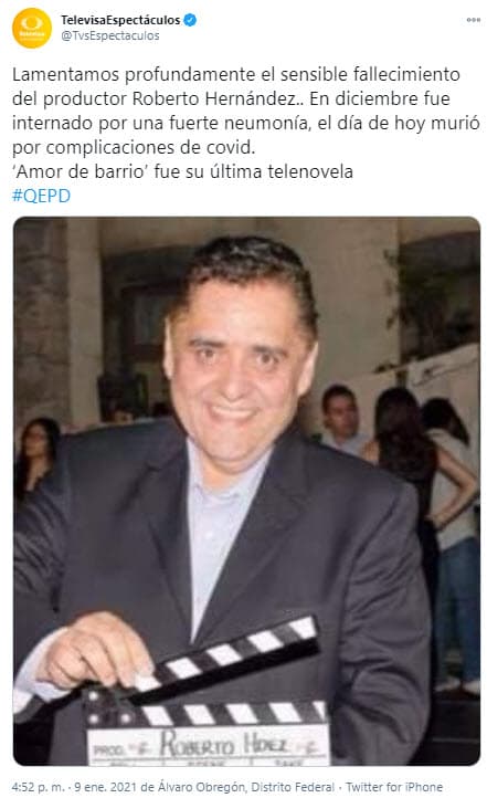 El 9 de enero se dio a conocer que 
<b><a href="https://www.univision.com/famosos/muere-roberto-hernandez-productor-telenovela-amor-de-barrio-famosos-reaccionan-redes-fotos">Roberto Hernández</a></b>, reconocido productor de telenovelas como 'Amor de barrio' y 'Tres mujeres', murió por 
<b>complicaciones derivadas del covid-19</b>.
<br>