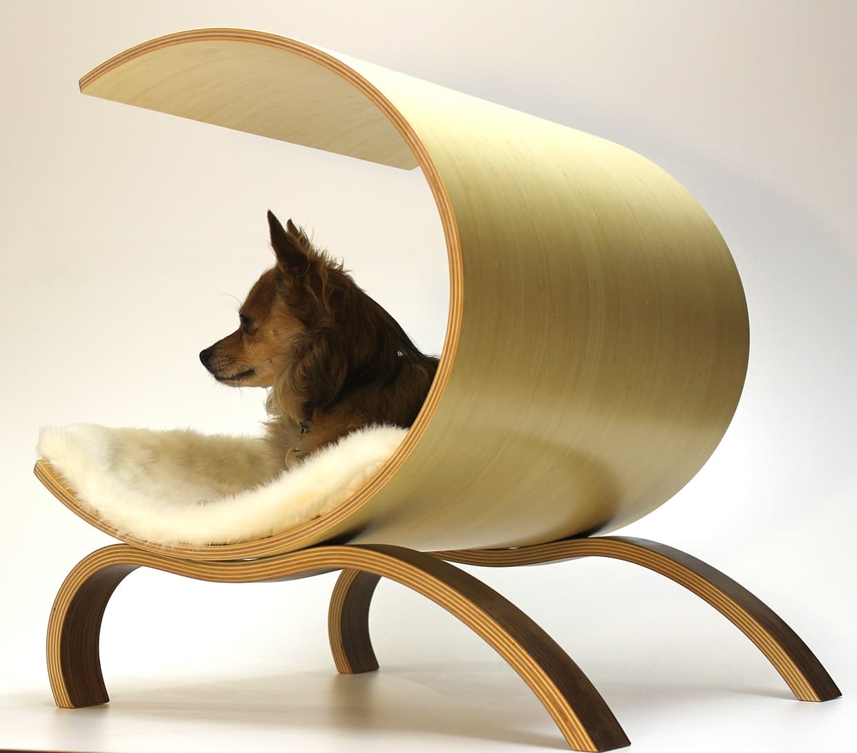 Pensó en que el diseño satisfaciera tanto sus preferencias estéticas como el gusto de los perros por sentirse resguardados bajo una cubierta. El tapete es removible, para facilitar su limpieza.