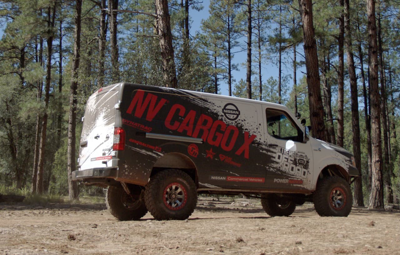 The Nissan NV Cargo X project vehicle, arguably the most extreme version of Nissan Commercial Vehicles’ flagship NV Cargo van ever created, was built in partnership with legendary off-road builder Ian Johnson. The NV Cargo X stands over seven-and-a-half feet tall on 37-inch tires and is powered by a Cummins® 5.0L V8 Turbo Diesel transplanted from a Nissan TITAN XD full-size pickup.