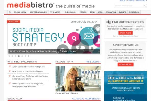 Mediabistro: Periodistas, creativos y cualquiera en medios debe saber de este sitio. No sólo es un sitio con blogs informativos y oportunidades educativas, también es el sitio para buscar oportunidades de trabajo para periodistas en línea.