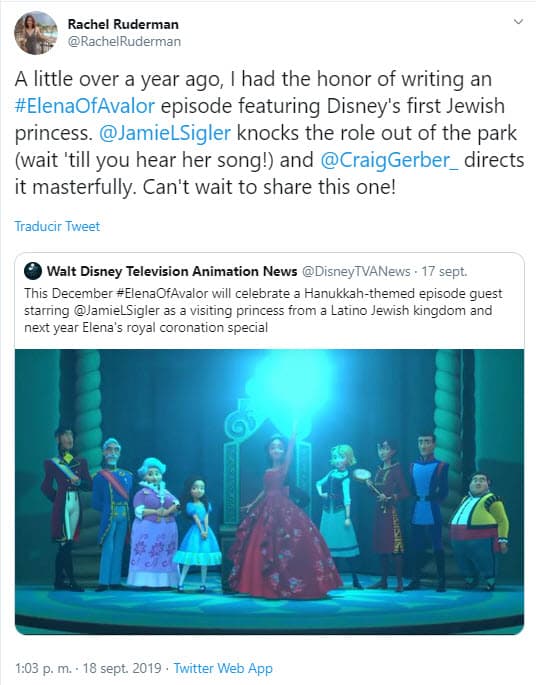 Rachel Ruderman, escritora de 'Elena of Avalor', aseguró a los seguidores de la serie de Disney que les gustará el personaje y la actuación de Jamie-Lynn Sigler, así lo dijo en su cuenta de Twitter.
<br>