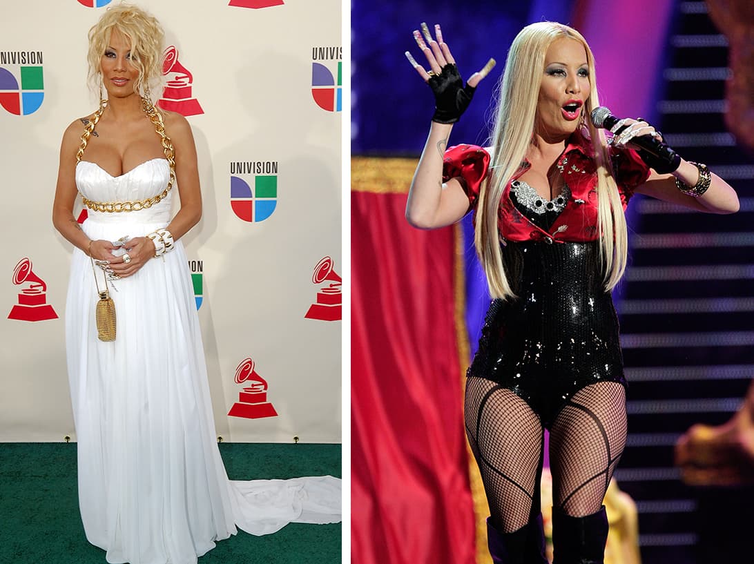 <b><span class="cms-h3-H3">IVY QUEEN</span></b>. Ella es la reina de la extravagancia y para muestra su atuendo de 2007. En la alfombra llevó este vestido blanco con una llamativa cadena, sumado a esto las enormes uñas y los cargados accesorios la hicieron lucir fuera del lugar. Sobre el escenario usó un body de látex, medias de red y alació su ondulada cabellera. Por demás está mencionar el recargado maquillaje de la cantante.