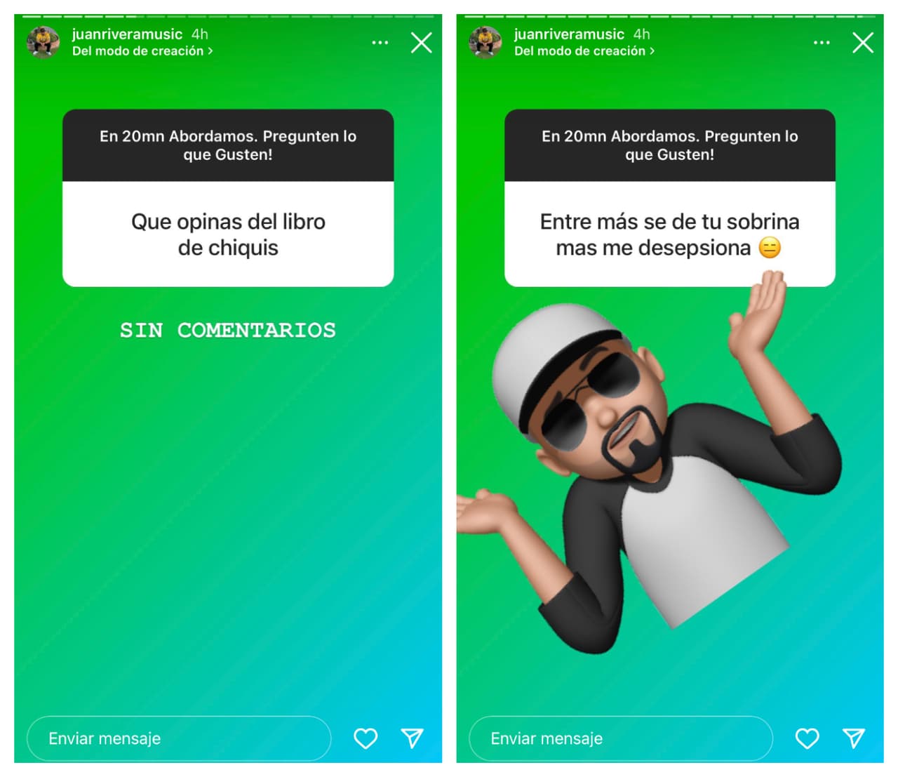 Ante esta pregunta, Juan Rivera se limitó a decir que no tenía comentario alguno y con un emoticono respondió a quien le dijo que "entre más sabía de su sobrina, más se decepcionaba".
<br>