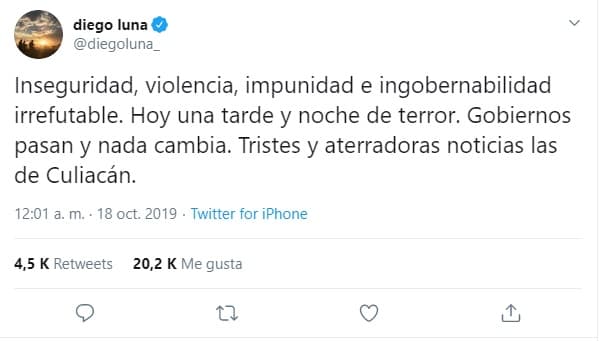"Horror total el que se vive en Sinaloa, 
<b>abrazos y toda la fuerza</b> a la gente que está ahora allá, viviendo esta locura", dijo en otro de sus tuits.