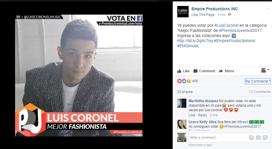 Su agencia pidió votos para triunfar como el Mejor Fashionista.