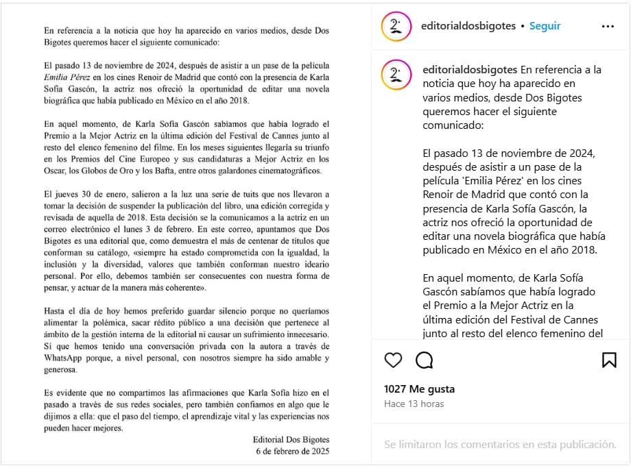 La editorial Dos Bigotes canceló el lanzamiento de la novela biográfica de Karla Sofía Gascón tras controversia.