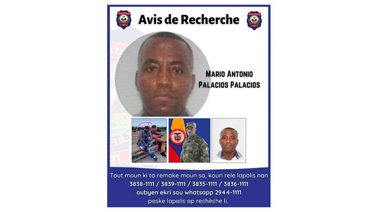 Un cartel de búsqueda de Mario Antonio Palacios, uno de los colombianos implicados en el asalto mortal a la casa del presidente de Haití, Jovenel Moise, el 7 de julio de 2021. Palacios consiguió escapar de Haití, pero fue detenido posteriormente en Jamaica.