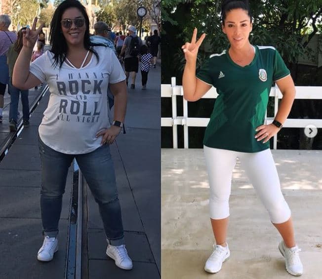 "Me han pedido mucho que suba una foto comparando el antes y el después y no fue nada fácil hacerlo pero aquí está. Esta soy yo en enero y el día de hoy con 57.3 libras (26 kilos) abajo. Hace seis meses nada me hacía feliz, tenía una tristeza enorme y no sabía el porqué", compartió.
