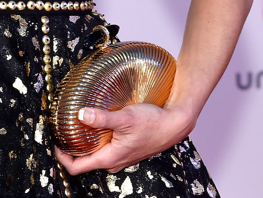 En 2015 lució esta coqueta bolsita con forma de concha dorada con la que lucía perfecto su vestido de noche.