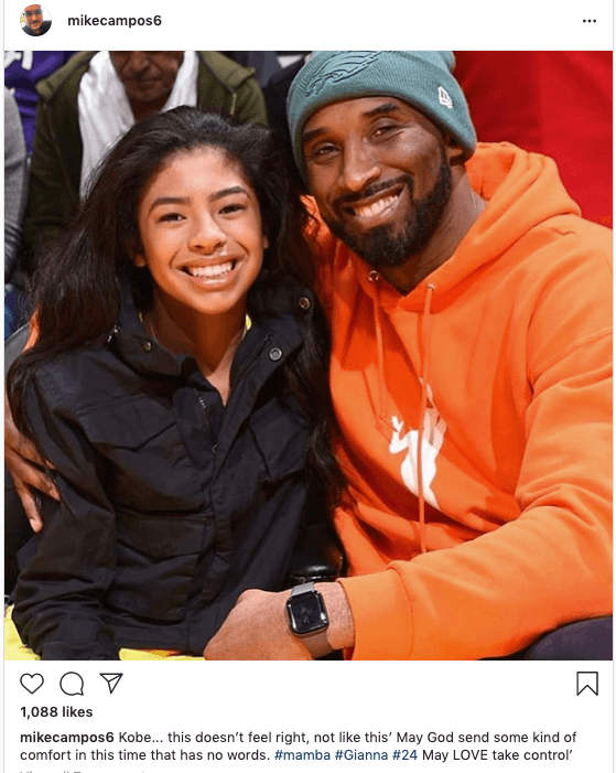 <b><a href="https://www.univision.com/famosos/jacqie-rivera-hace-intimas-revelaciones-sobre-su-embarazo-y-su-actual-relacion-con-su-esposo-mike-campos-video">Mike Campos, esposo de Jacqie Rivera</a></b>, rogó por consuelo para la familia de Kobe Bryant.