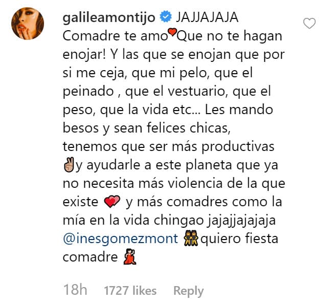 Ante el discurso de su amiga, Galilea Montijo escribió en la fotografía para reiterarle su cariño y amistad.
<br>