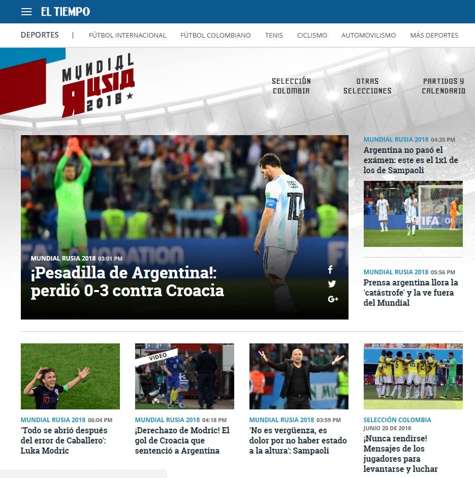 El Tiempo (Colombia) dedicó toda su portada a la derrota albiceleste en un resultado de "pesadilla".