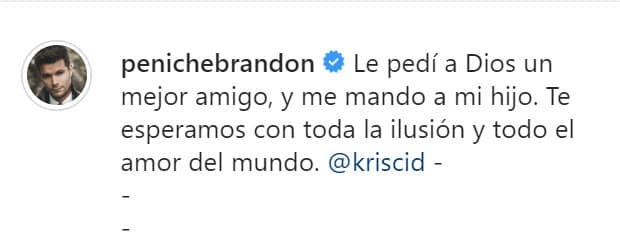 En Instagram, Brandon Peniche también dio la noticia con un conmovedor mensaje: "Le pedí a Dios un mejor amigo, y
<b><a href="https://www.instagram.com/p/CBlTyLmF6v0/" target="_blank">me mandó a mi hijo</a></b>. Te esperamos con toda la ilusión y todo el amor del mundo".
<br>