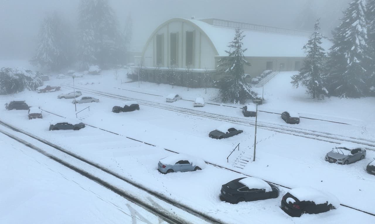 En Angwin, una localidad al norte del condado Napa, la nieve cubrió por completo los vehículos estacionados afuera del Pacific Union College.