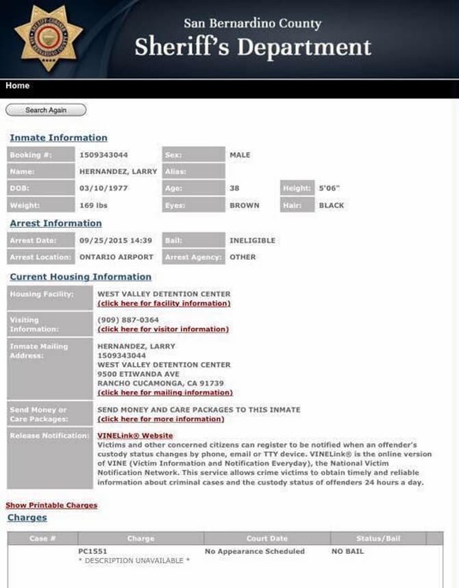 Al ser capturado, Larry no tuvo derecho a fianza de inmediato, y según los últimos reportes irá ante un juez el miércoles por la mañana para comparecer ante él y posiblemente sea extraditado a Carolina del Sur.
