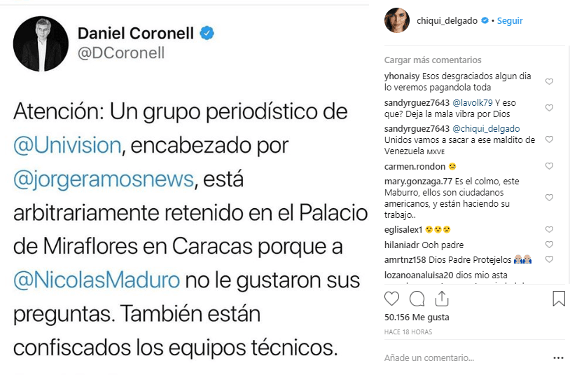 Desde el primer momento, la conductora de la 'Noche de Estrellas' previa a 
<b><a href="https://www.univision.com/shows/premio-lo-nuestro" target="_blank">Premio Lo Nuestro</a></b>, compartió en Instagram el mensaje que informaba sobre la retención de Jorge Ramos y su equipo.