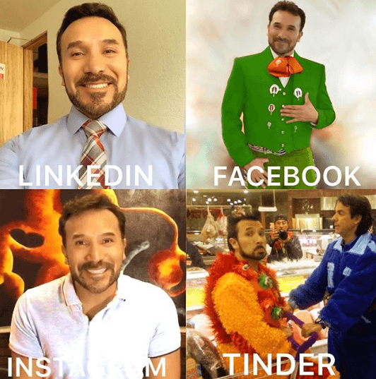 Luis Manuel Ávila, también conocido como Junior P. Luche, utilizó distintas facetas de su carrera para poder cumplir el reto. En Linkedin con un aspecto profesional, mientras en la imagen que corresponde a Facebook aparece vestido de mariachi. Aunque en Instagram lo vemos con una gran sonrisa, utilizó Tinder para recordar a Junior P.Luche junto a Eugenio Derbez.
<br>