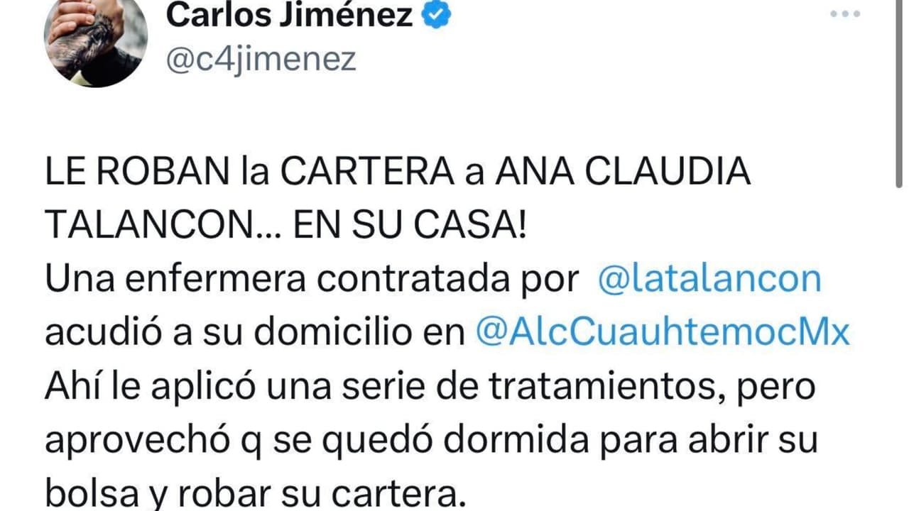 El periodista mexicano Carlos Jiménez informó que el presunto robo a Ana Claudia Talancón habría sido perpetrado supuestamente por "una enfermera".