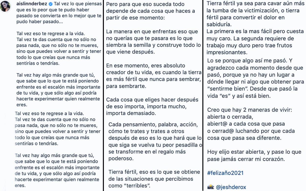 En el mensaje que compartió se podía leer: "Tierra fértil, eso es lo que se obtiene de las situaciones que percibimos como 'terribles'. Al final de su posteó concluyó: "Agradezco cada momento desde que pasó, porque ya no hay un lugar a dónde llegar ni algo que obtener para 'sentirme bien'. Desde que pasó la vida 'es' y así está bien".