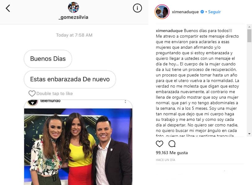Ximena Duque recibió críticas en su cuenta de Instagram al no lucir la esbelta figura que tenía antes de su embarazo, por eso el pasado 25 de junio publicó un mensaje para explicar su situación y poner un alto a los comentarios negativos.