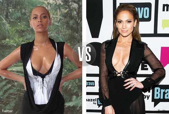 Y les gusta usar los mismos cortes en el escote. JLo subió esta foto primero a su Instagram, luego Beyoncé.