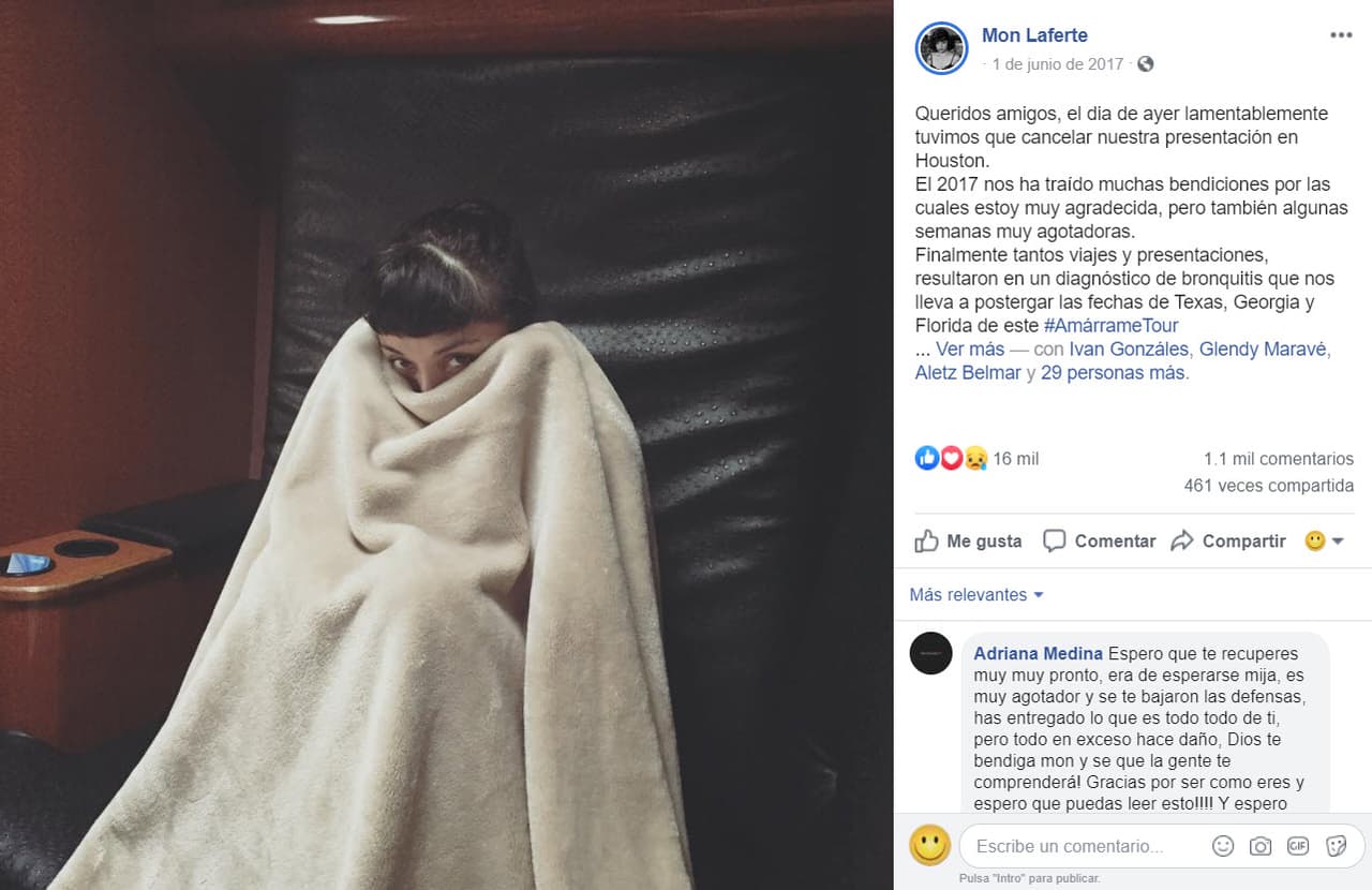 "Tantos viajes y presentaciones, resultaron en un diagnóstico de bronquitis que nos lleva a postergar las fechas de Texas, Georgia y Florida de este 'Amárrame tour'. Realmente estoy muy apenada con ustedes, pues hice mi mejor esfuerzo".