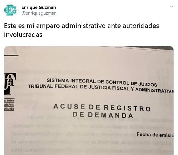 El propio cantante de 76 años se dio a la tarea de publicar el documento la noche del miércoles 27 de noviembre a través de su cuenta de Twitter: "
<b><a href="https://twitter.com/enriqueguzman/status/1199837474555453441" target="_blank">Este es mi amparo</a></b> administrativo ante autoridades involucradas".
<br>