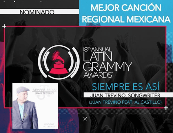 Fue así como Juan Treviño compartió con sus seguidores en Instagram su nominación a Mejor Canción Regional Mexicana.
