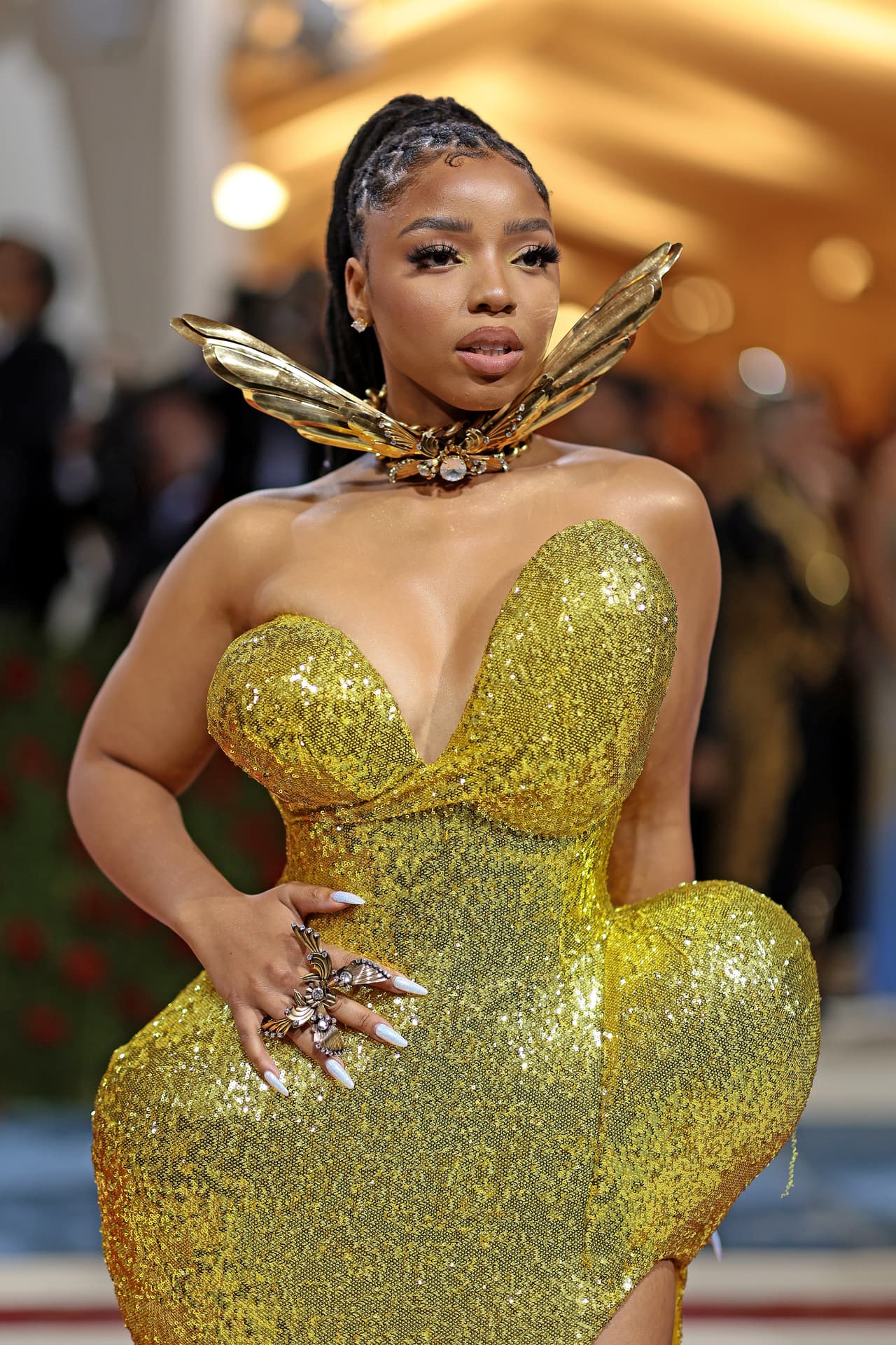 <b>Chloe Bailey</b>
<br>La gargantilla que utilizó Chloe Bailey fue pulida y moldeada en latón de peso pluma y posteriormente se le incrustaron cristales de vidrio de Swarovski. Además, es importante destacar que fue hecha a mano por artesanos de la casa Area, en Roma.
<br>