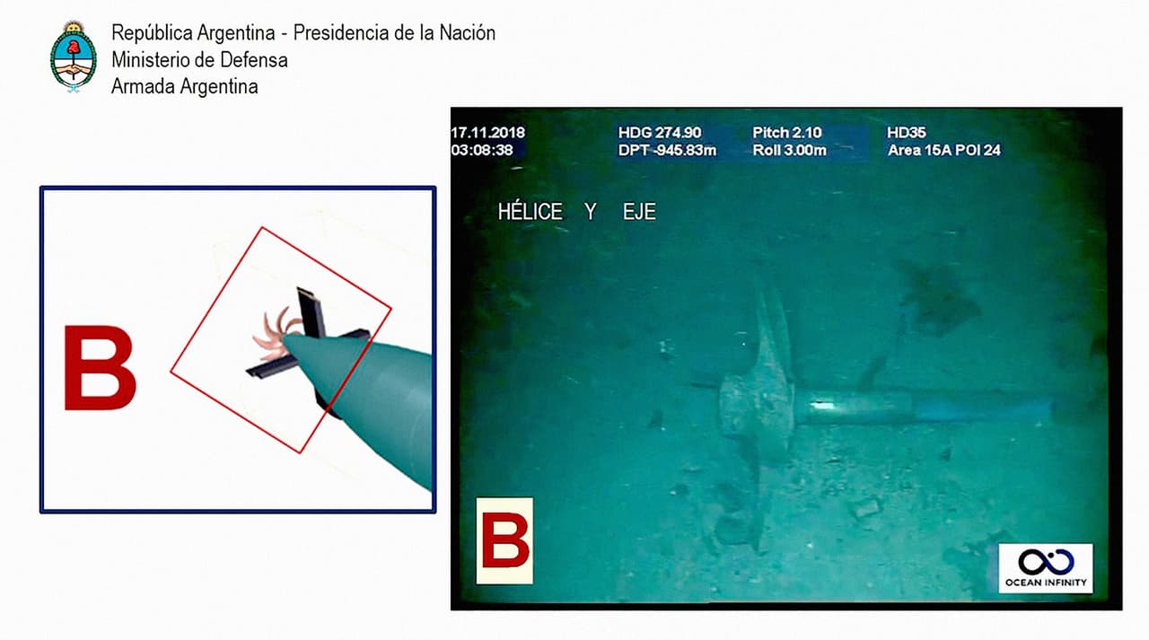 <b>La hélice y el eje del ARA San Juan.</b> El submarino desapareció el 15 de noviembre de 2017 con 44 tripulantes a bordo mientras se dirigía desde Ushuaia a Mar del Plata, Argentina. La primera operación de búsqueda donde participaron expertos de España, Chile, Brasil, Estados Unidos, Reino Unido, Colombia, Uruguay, Perú y otros países no dio resultados.