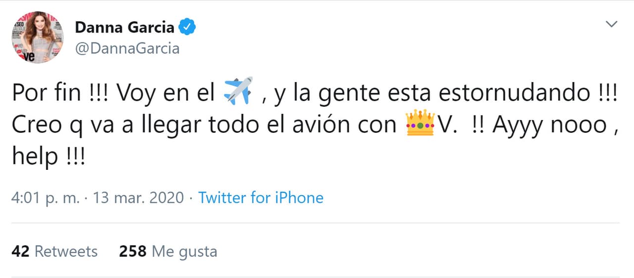 "Busqué por donde pude vuelos. 
<b><a href="https://www.univision.com/famosos/danna-garcia-sufre-lesion-en-el-ojo-por-culpa-del-oficio-de-ser-madre-fotos" target="_blank">Me volvía loca</a></b>", relató. Consiguió uno para viajar a México. De ese viaje consta 
<b><a href="https://twitter.com/DannaGarcia/status/1238586097417977858" target="_blank">este tuit</a></b> que publicó el 13 de marzo. 
<br>