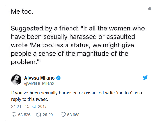 <b>#Metoo, el grito de denuncia que se hizo viral </b>
<br>La red social 
<a href="https://www.univision.com/noticias/violencia-sexual/metoo-el-grito-de-denuncia-y-solidaridad-en-twitter-con-las-victimas-de-abuso-sexual">se inundó con mensajes agrupados en la etiqueta #metoo</a> (#yotambién), en los que miles de mujeres confesaban haber sufrido abusos, un movimiento que surgió en medio de las acusaciones contra el productor de cine Harvey Weinstein.
