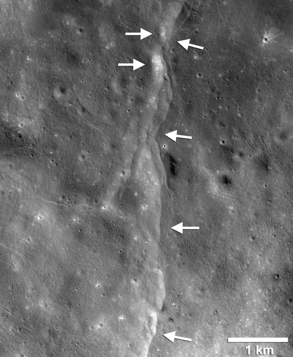 Este prominente escarpe de fallas de empuje del lóbulo lunar es uno de los miles descubiertos en las imágenes de la Cámara de reconocimiento orbital de reconocimiento lunar (LROC).