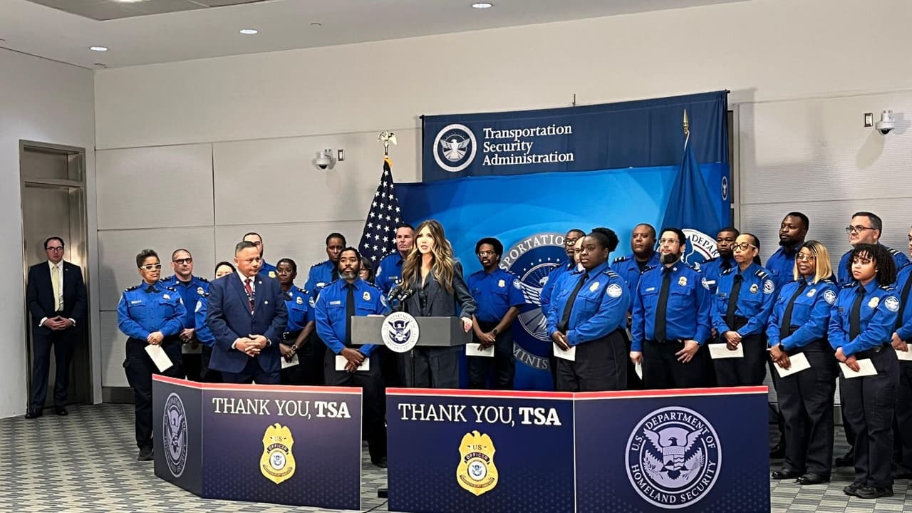 Noem distribuye en el aeropuerto Bush en Houston cheques de $10,000 a algunos agentes del TSA