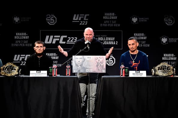 BROOKLYN, NY - APRIL 04: (L-R) Khabib Nurmagomedov of Russia, UFC President Dana White and Max Holloway interact with media and fans during the UFC 223 Press Conference at the Music Hall of Williamsburg on April 4, 2018 in Brooklyn, New York. (Photo by Jeff Bottari/Zuffa LLC/Zuffa LLC via Getty Images)