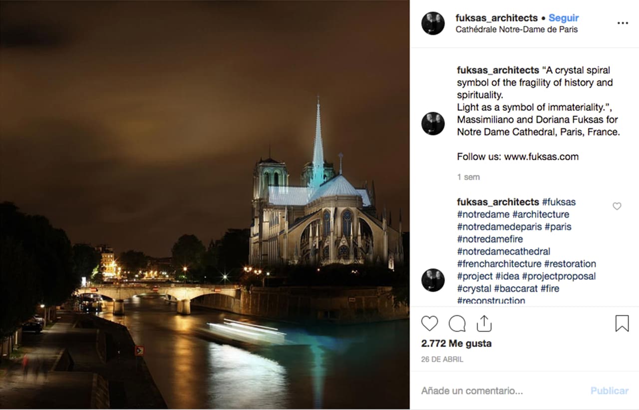 <b>Luz y cristales para la nueva estructura. </b>"Un símbolo de espiral de cristal de la fragilidad de la historia y la espiritualidad. La luz como símbolo de la inmaterialidad", 
<a href="https://www.instagram.com/p/BwuZ9C2AF0o/?utm_source=ig_web_copy_link" target="_blank">se lee junto a la fotografía publicada por los </a> arquitectos Massimiliano y Doriana Fuksas, de
<a href="http://fuksas.com/" target="_blank">Studio Fuskas</a>, una importante firma que tiene oficinas en Roma, París, Shenzhen, Dubai y Nueva York.