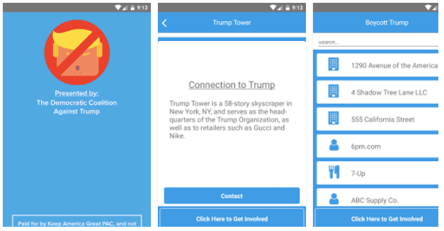 <b>Para boicotear a Trump</b>
<br>Si desean mostrar su desaprobación con el presidente, una de las medidas es dejar de comprar sus productos o visitar sus negocios, como se ha visto con la marca de su hija Ivanka, 
<a href="http://www.univision.com/noticias/politica/vayan-y-compren-los-productos-de-ivanka-trump-recomiendan-desde-la-casa-blanca">que retiraron los grandes almacenes Nordstrom</a>. Si quieren saber cuáles son las marcas que relacionadas con el presidente, 
<a href="https://itunes.apple.com/es/app/boycotttrump/id1171663655?mt=8">Boycott Trump</a> es la app que analiza cientos de empresas para determinar si existen lazos o si han apoyado su campaña. 
<br>