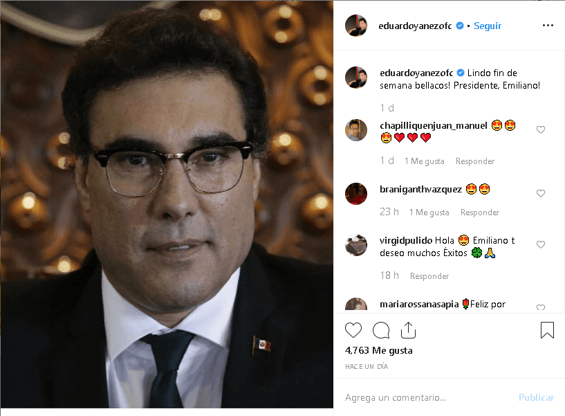 En otra instantánea, el actor mexicano mencionó a su personaje, el presidente Emiliano Lozada. "¡Lindo fin de semana bellacos! ¡Presidente Emiliano!", fue el mensaje que dejó.
