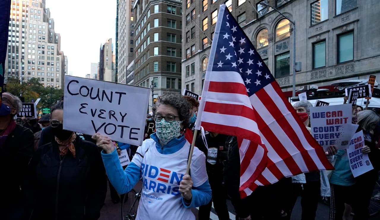 El 4 de noviembre fue convocada una manifestación en las calles de Nueva York. Fue denominada ‘cada voto cuenta’, una reacción a la petición de Trump de que se detengan los escrutinios.
<br>